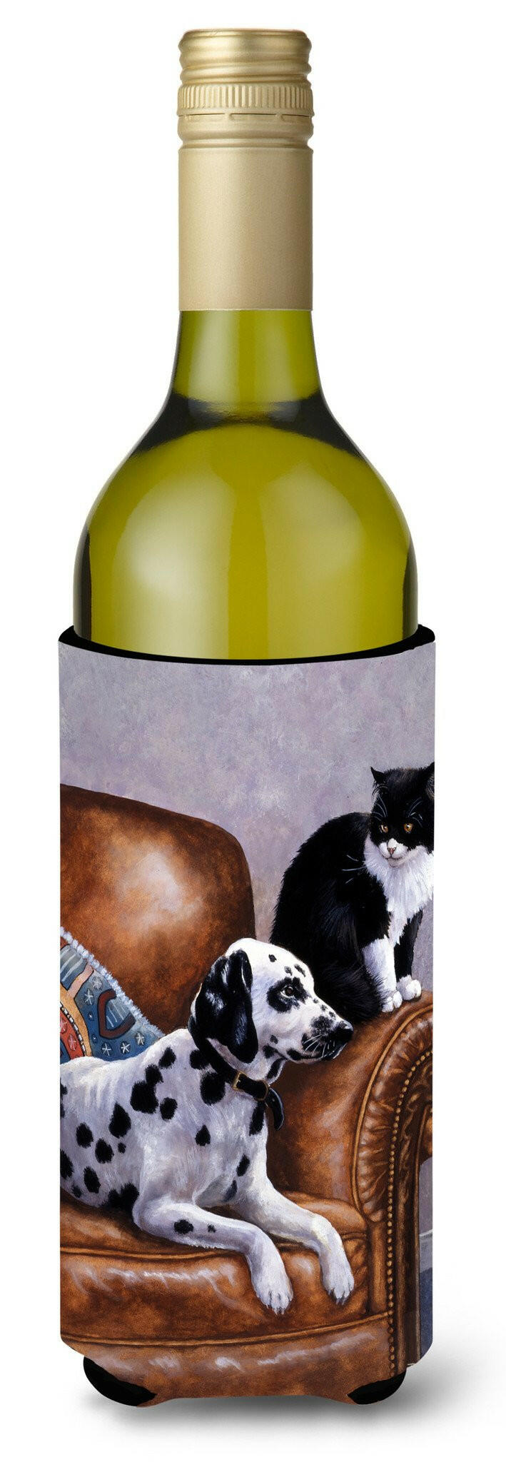 Dalmatian with Cat Wine Bottle Hugger Gift Sleeve for Standard 750 ml Bottles, Insulated Reusable Also Fits Mini Shot & Pint Bottles