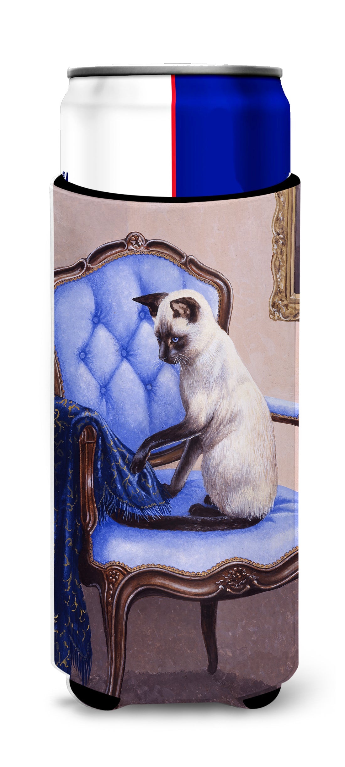 On The Chair Siamese cat Slim Can Hugger , Insulated Foam Hugger for 12 oz Slim Cans, Beer Bottles & Water Bottles, Printed in USA
