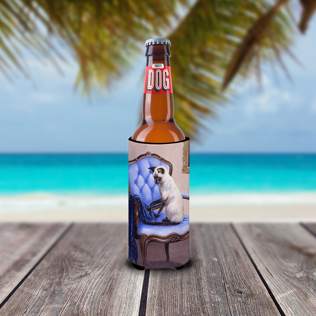 On The Chair Siamese cat Slim Can Hugger , Insulated Foam Hugger for 12 oz Slim Cans, Beer Bottles & Water Bottles, Printed in USA