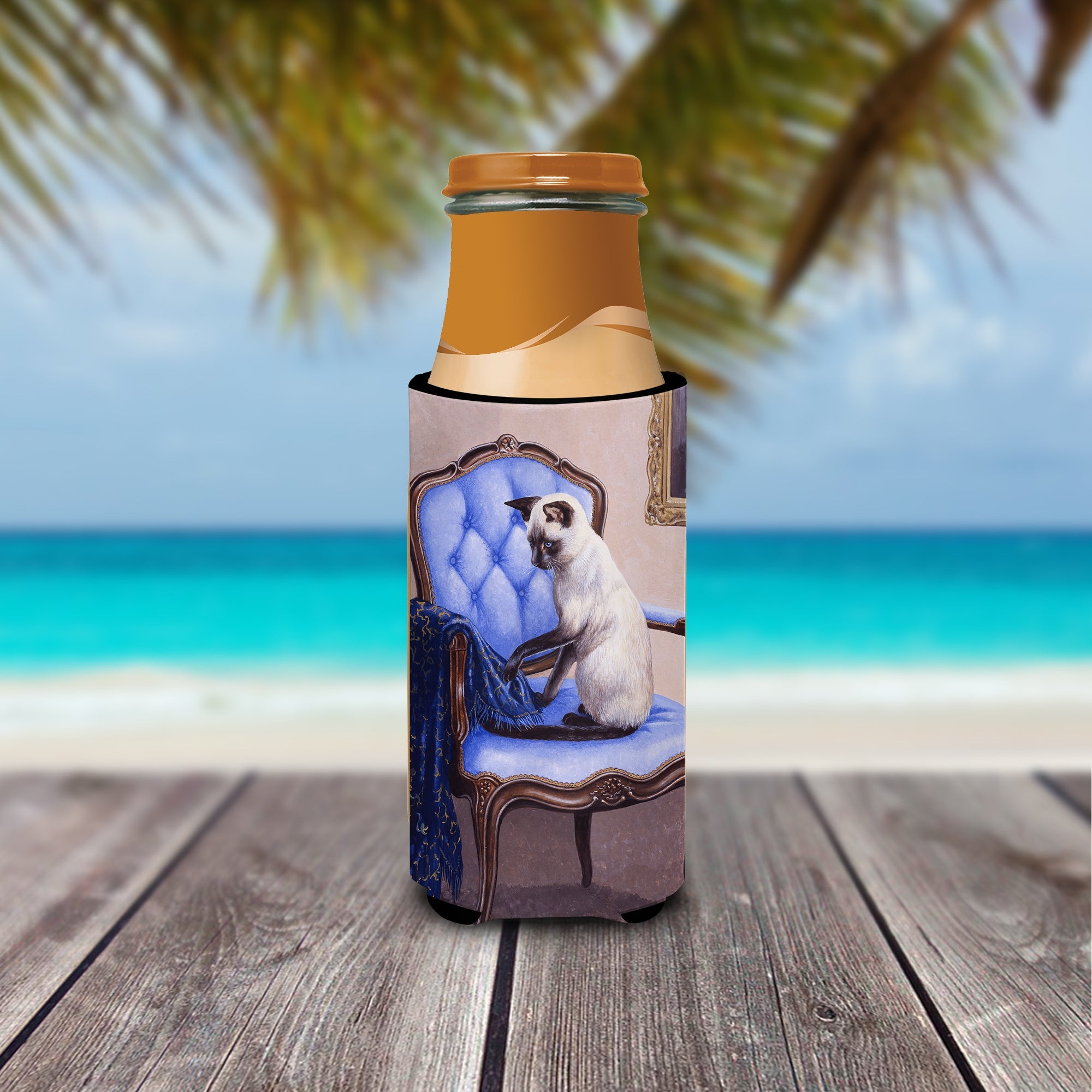 On The Chair Siamese cat Slim Can Hugger , Insulated Foam Hugger for 12 oz Slim Cans, Beer Bottles & Water Bottles, Printed in USA