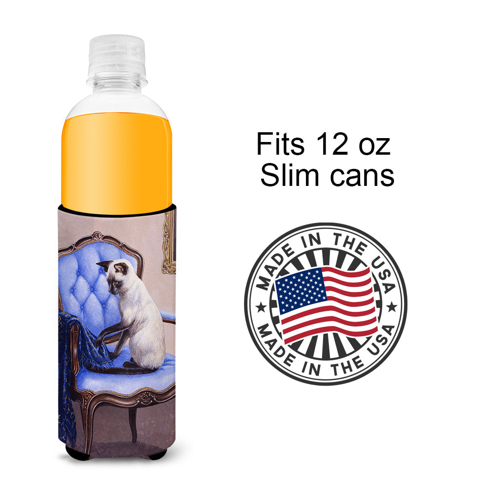On The Chair Siamese cat Slim Can Hugger , Insulated Foam Hugger for 12 oz Slim Cans, Beer Bottles & Water Bottles, Printed in USA