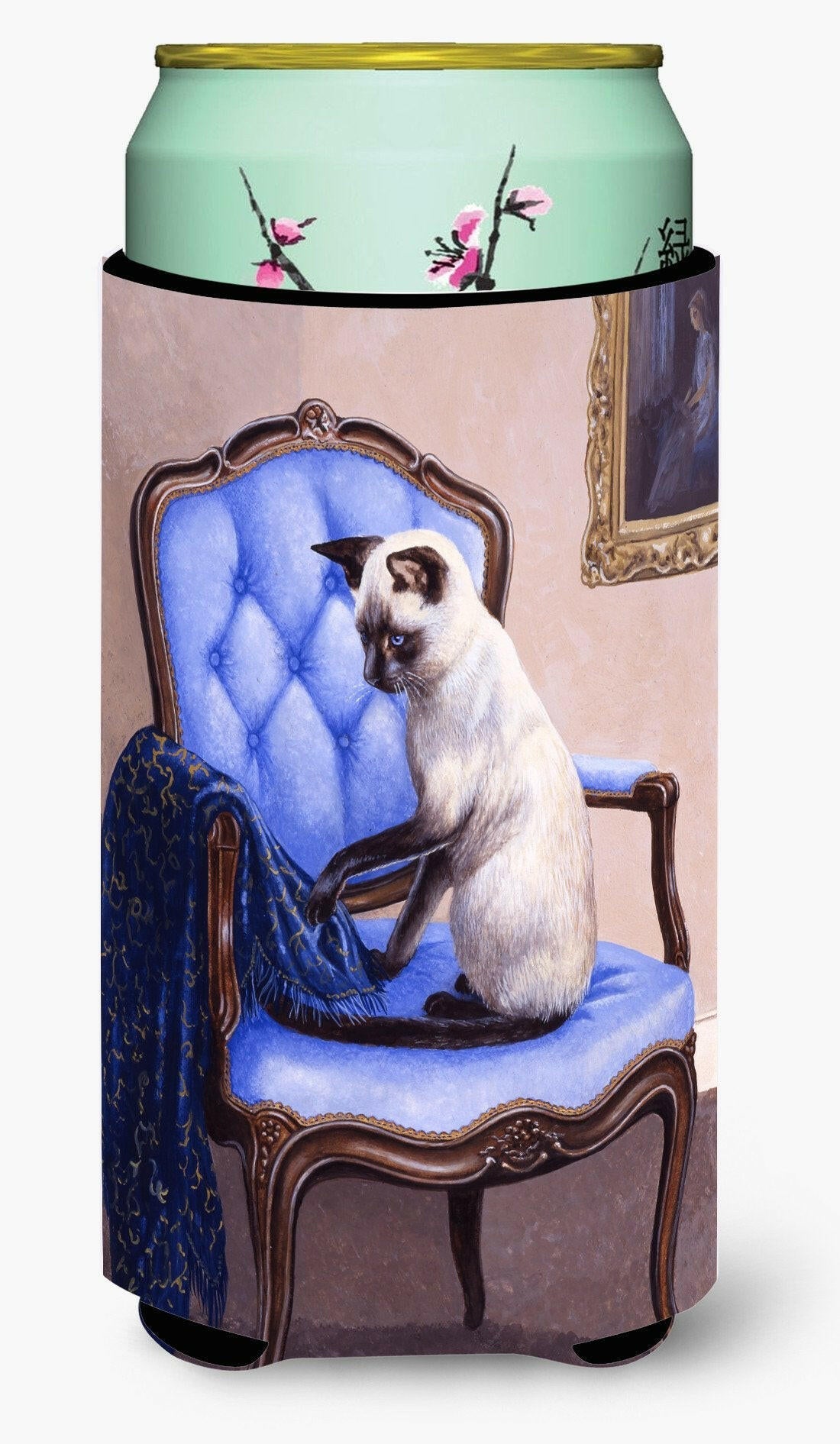 On The Chair Siamese cat Tall Boy Hugger Can Cooler Sleeve Machine Washable Drink Collapsible Insulator Beverage Insulated Holder