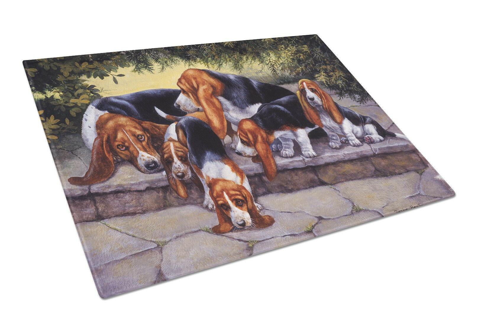 Basset Hound Puppies, Momma and Daddy Cutting Board Tempered Glass Kitchen Cutting Surface, Heat Resistant Chopping, Non-Slip Feet, Food Prep & Serving