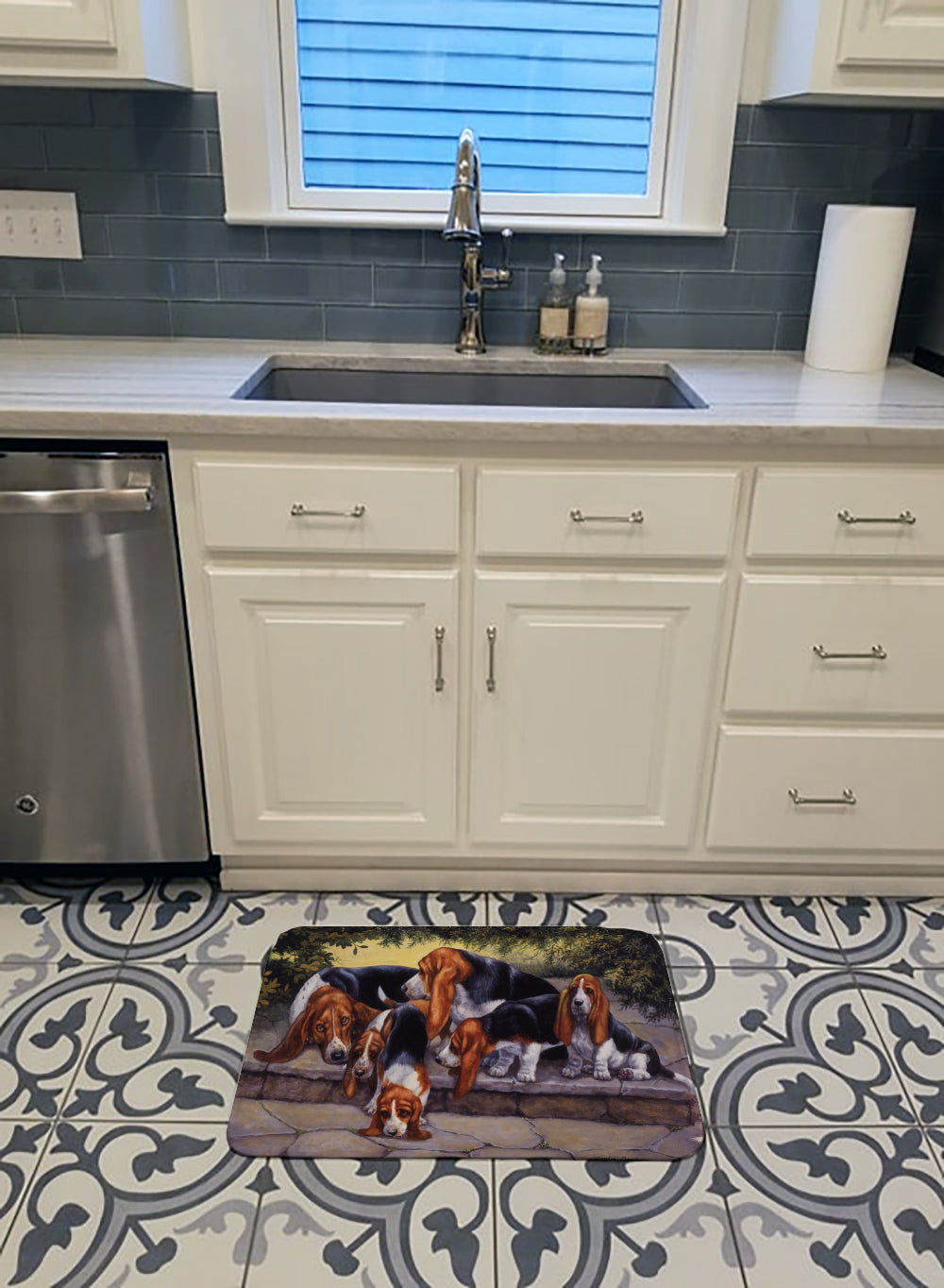 Basset Hound Puppies, Momma and Daddy Memory Foam Kitchen Mat Machine Washable Anti-Fatigue Cushion Comfort Bath or Kitchen Rug