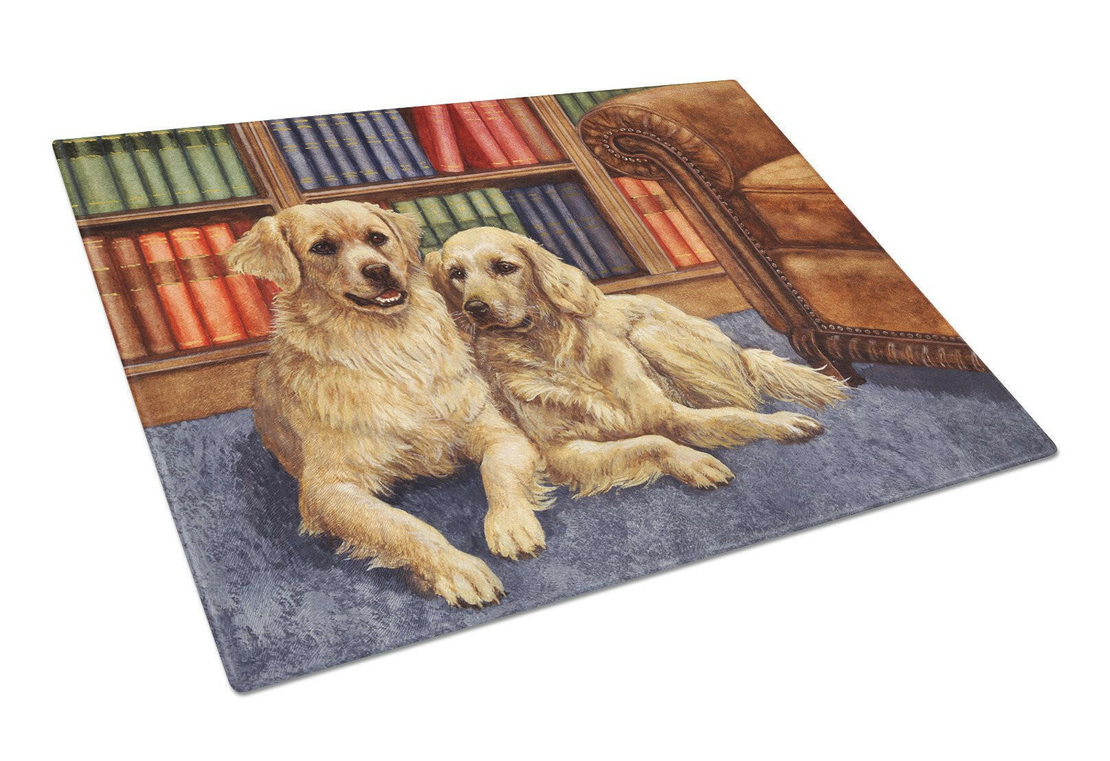 Golden Retrievers in the Library Cutting Board Tempered Glass Kitchen Cutting Surface, Heat Resistant Chopping, Non-Slip Feet, Food Prep & Serving