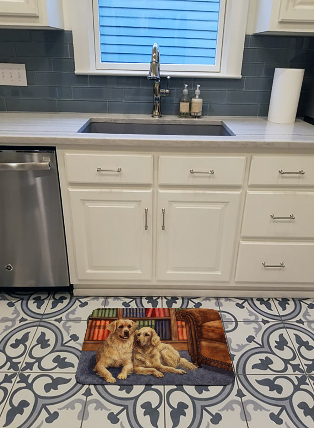Golden Retrievers in the Library Memory Foam Kitchen Mat Machine Washable Anti-Fatigue Cushion Comfort Bath or Kitchen Rug
