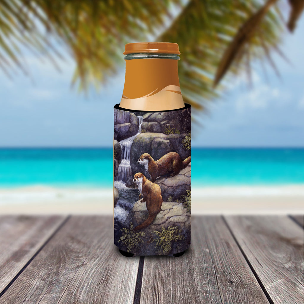Otters by the Waterfall by Daphne Baxter Slim Can Hugger , Insulated Foam Hugger for 12 oz Slim Cans, Beer Bottles & Water Bottles, Printed in USA
