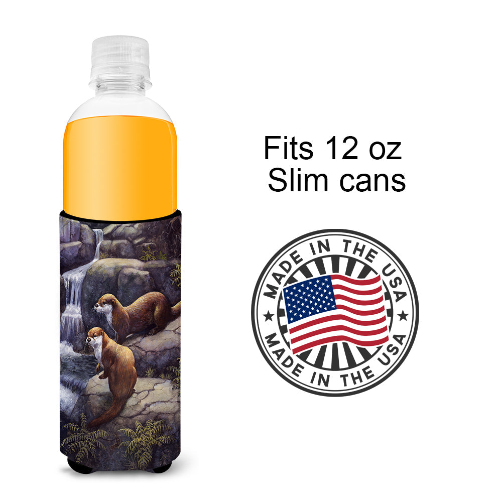 Otters by the Waterfall by Daphne Baxter Slim Can Hugger , Insulated Foam Hugger for 12 oz Slim Cans, Beer Bottles & Water Bottles, Printed in USA