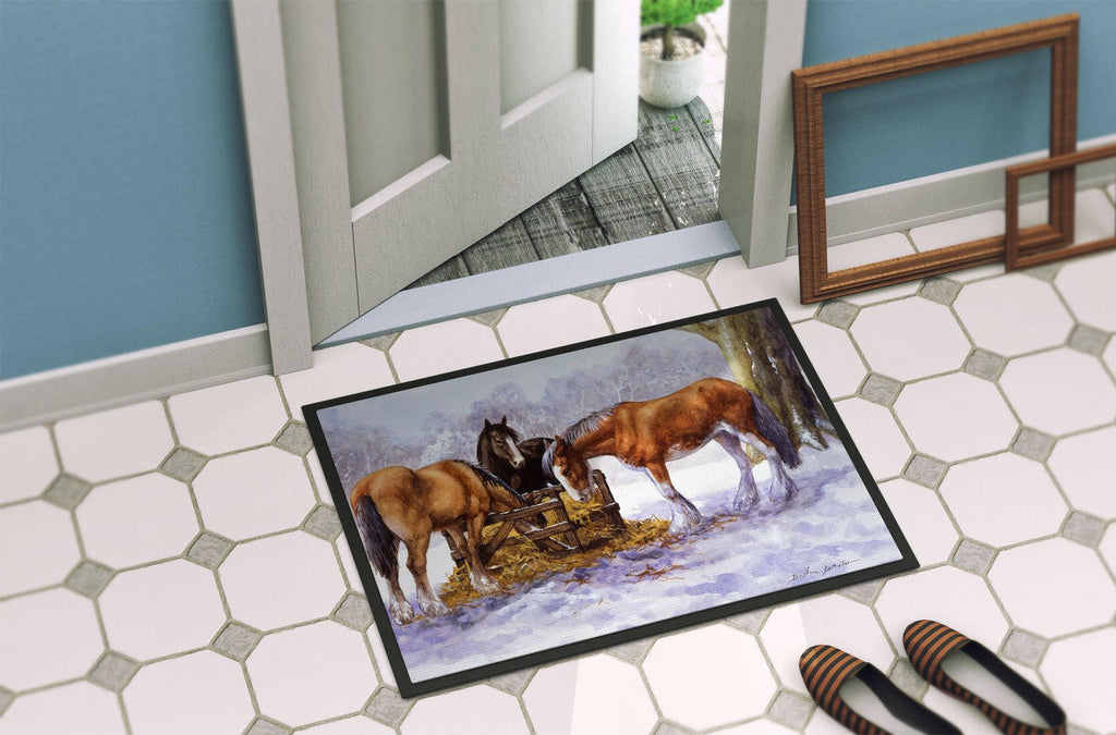 Horses eating Hay in the Snow Doormat Indoor Outdoor 24H X 36W Front Door Mat Rugs for Entryway, Non Slip Washable Low Pile,