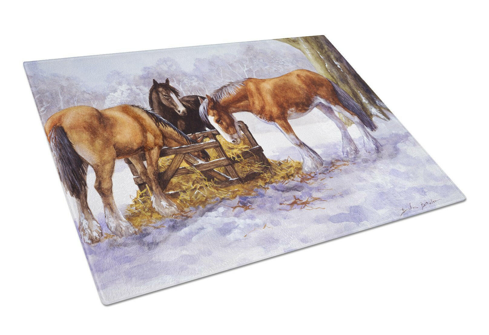Horses eating Hay in the Snow Cutting Board Tempered Glass Kitchen Cutting Surface, Heat Resistant Chopping, Non-Slip Feet, Food Prep & Serving