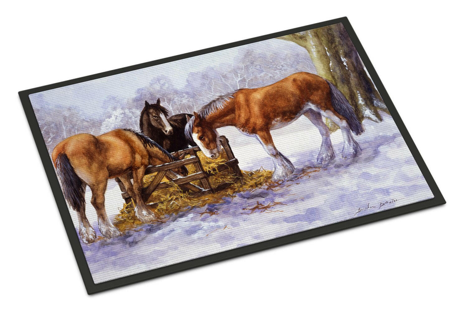 Horses eating Hay in the Snow Doormat Indoor Outdoor 18H X 27W Front Door Mat Rugs for Entryway, Non Slip Washable