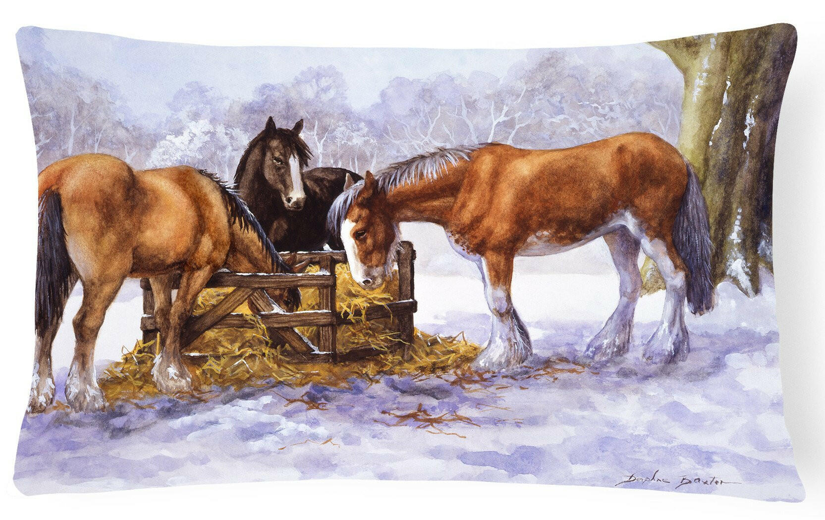 Horses eating Hay in the Snow Decorative Throw Pillow 12x16 Indoor Outdoor Accent Cushion, Fabric Cover with Insert for Sofa, Bed, Porch & Living Room