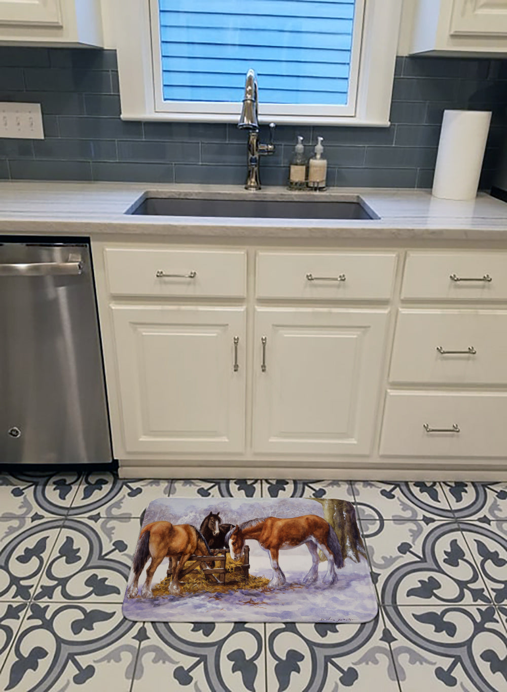 Horses eating Hay in the Snow Memory Foam Kitchen Mat Machine Washable Anti-Fatigue Cushion Comfort Bath or Kitchen Rug