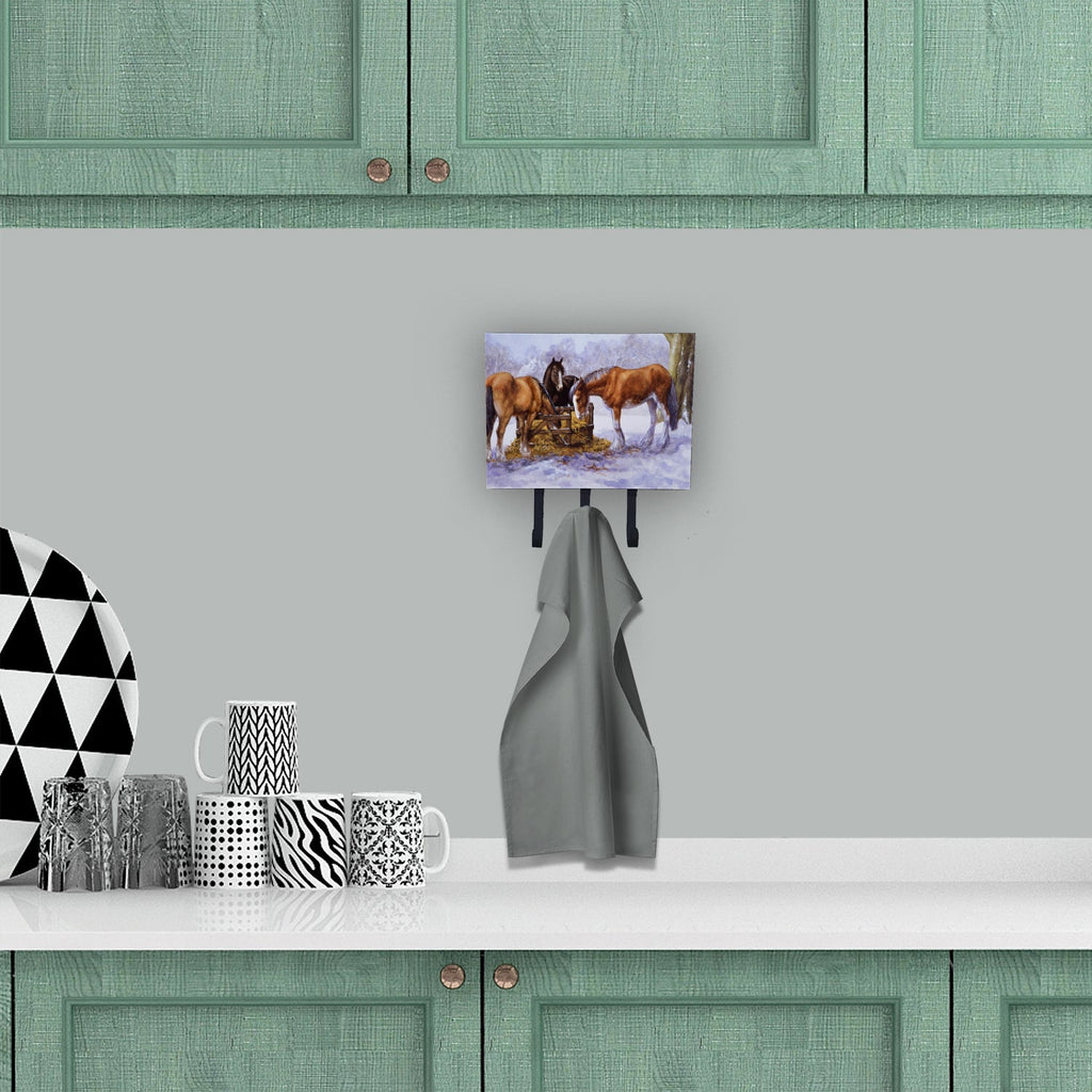 Horses eating Hay in the Snow Leash or Key Holder Wall Hooks, Coat Rack Wall Mount, for Hanging Keys, Towels, Aprons, Leashes