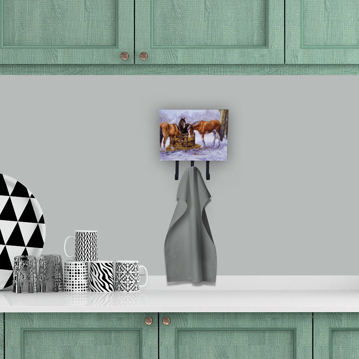 Horses eating Hay in the Snow Leash or Key Holder Wall Hooks, Coat Rack Wall Mount, for Hanging Keys, Towels, Aprons, Leashes