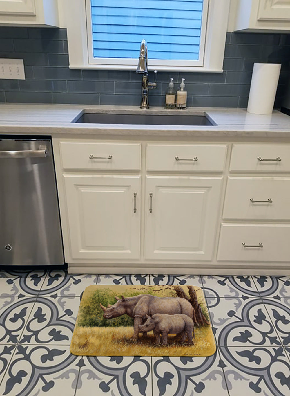 Rhinoceros by Daphne Baxter Memory Foam Kitchen Mat Machine Washable Anti-Fatigue Cushion Comfort Bath or Kitchen Rug