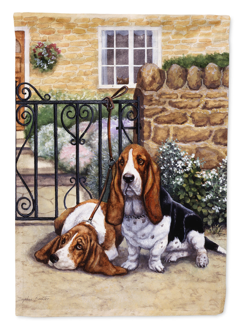 Basset Hound at the gate House Flag 28x40 Porch Sleeve Pole Decorative Outside Yard Banner Artwork Wall Hanging, Polyester