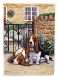 Basset Hound at the gate House Flag 28x40 Porch Sleeve Pole Decorative Outside Yard Banner Artwork Wall Hanging, Polyester