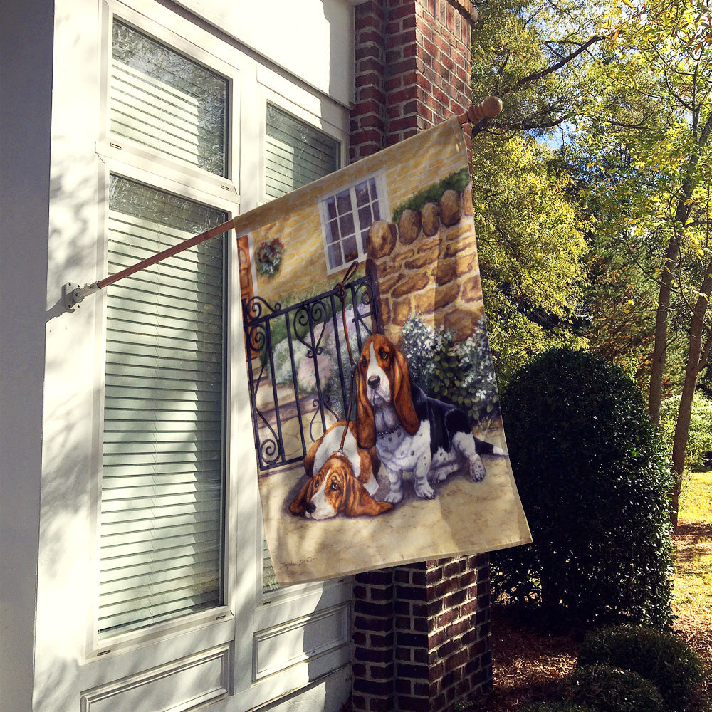 Basset Hound at the gate House Flag 28x40 Porch Sleeve Pole Decorative Outside Yard Banner Artwork Wall Hanging, Polyester