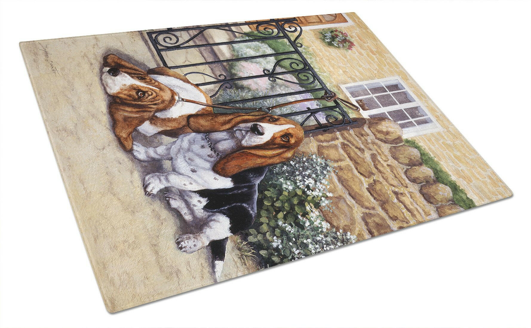 Basset Hound at the gate Cutting Board Tempered Glass Kitchen Cutting Surface, Heat Resistant Chopping, Non-Slip Feet, Food Prep & Serving