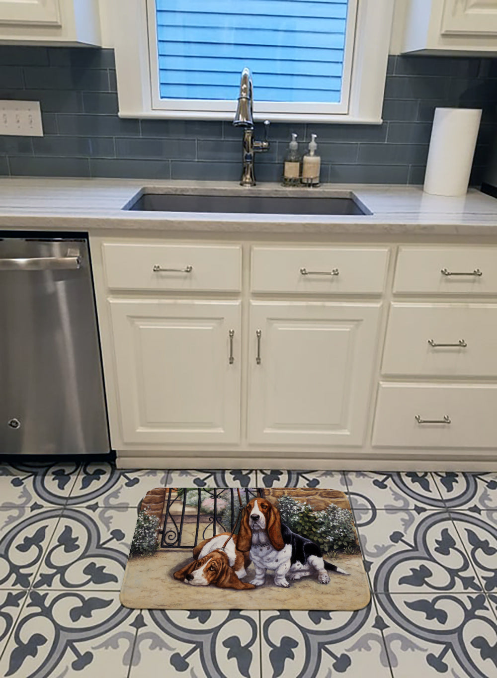 Basset Hound at the gate Memory Foam Kitchen Mat Machine Washable Anti-Fatigue Cushion Comfort Bath or Kitchen Rug