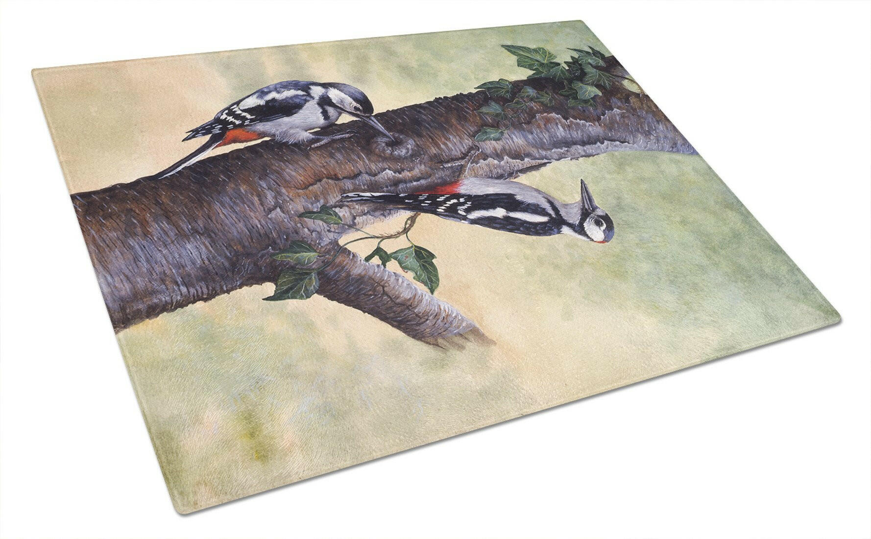 Woodpeckers by Daphne Baxter Cutting Board Tempered Glass Kitchen Cutting Surface, Heat Resistant Chopping, Non-Slip Feet, Food Prep & Serving