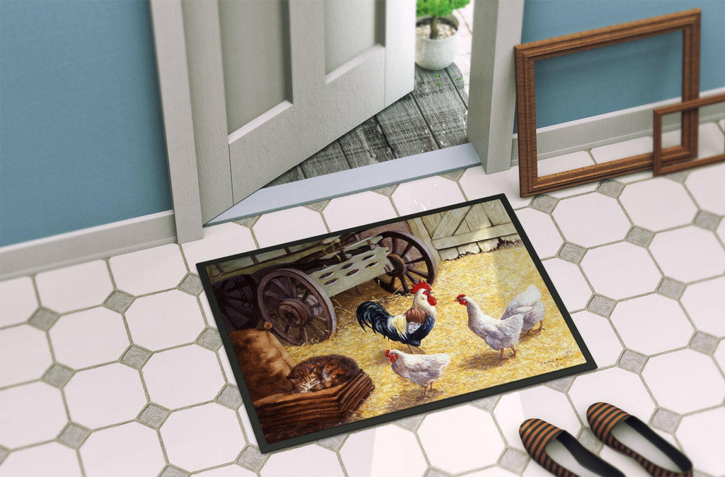 Rooster and Hens Chickens in the Barn Doormat Indoor Outdoor 24H X 36W Front Door Mat Rugs for Entryway, Non Slip Washable Low Pile,