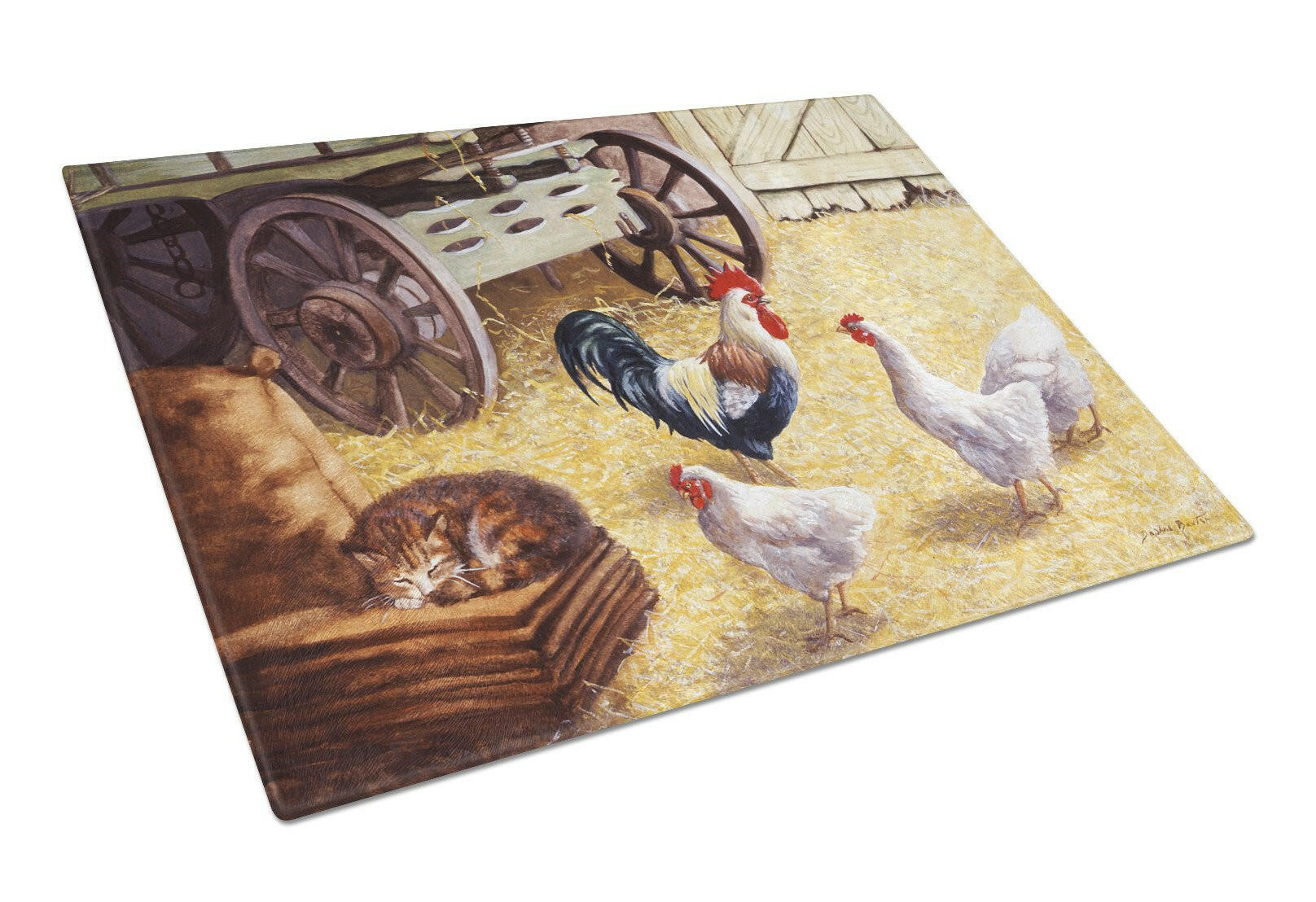 Rooster and Hens Chickens in the Barn Cutting Board Tempered Glass Kitchen Cutting Surface, Heat Resistant Chopping, Non-Slip Feet, Food Prep & Serving