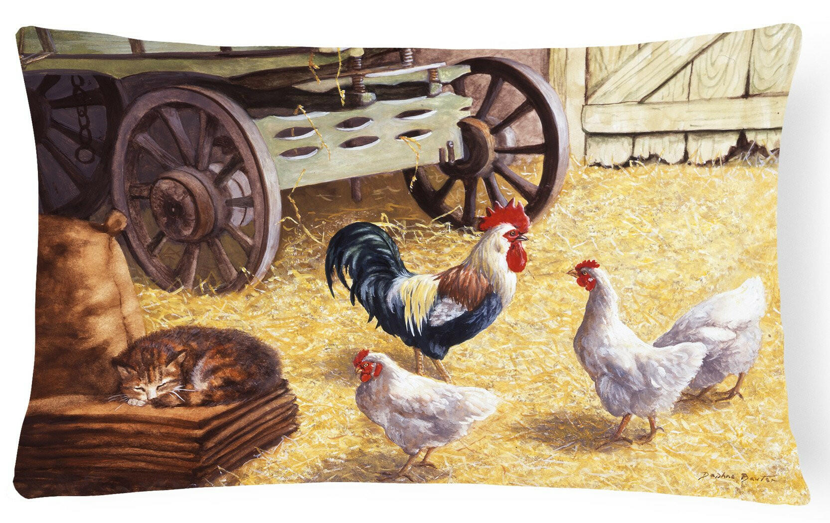 Rooster and Hens Chickens in the Barn Decorative Throw Pillow 12x16 Indoor Outdoor Accent Cushion, Fabric Cover with Insert for Sofa, Bed, Porch & Living Room