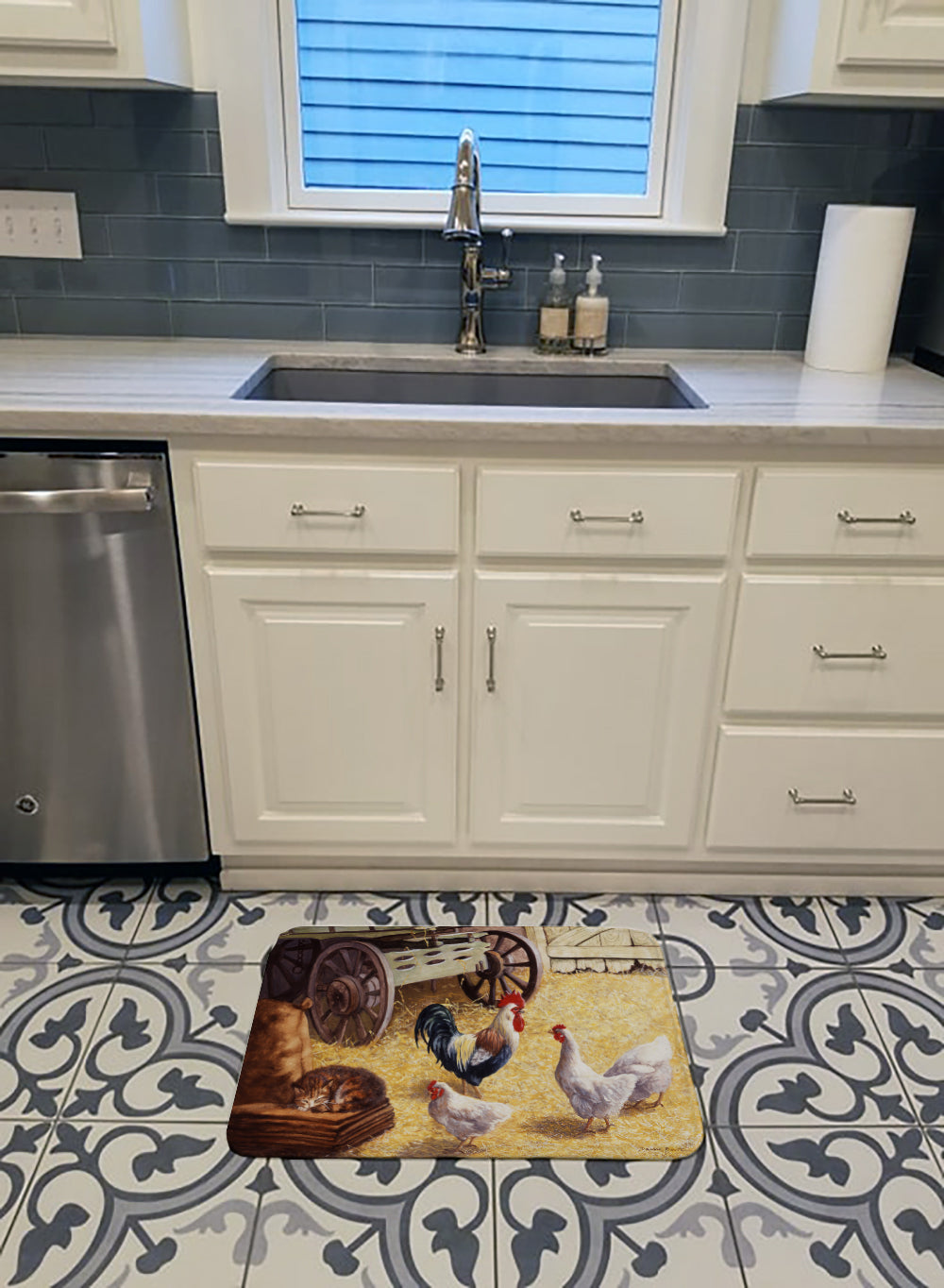 Rooster and Hens Chickens in the Barn Memory Foam Kitchen Mat Machine Washable Anti-Fatigue Cushion Comfort Bath or Kitchen Rug
