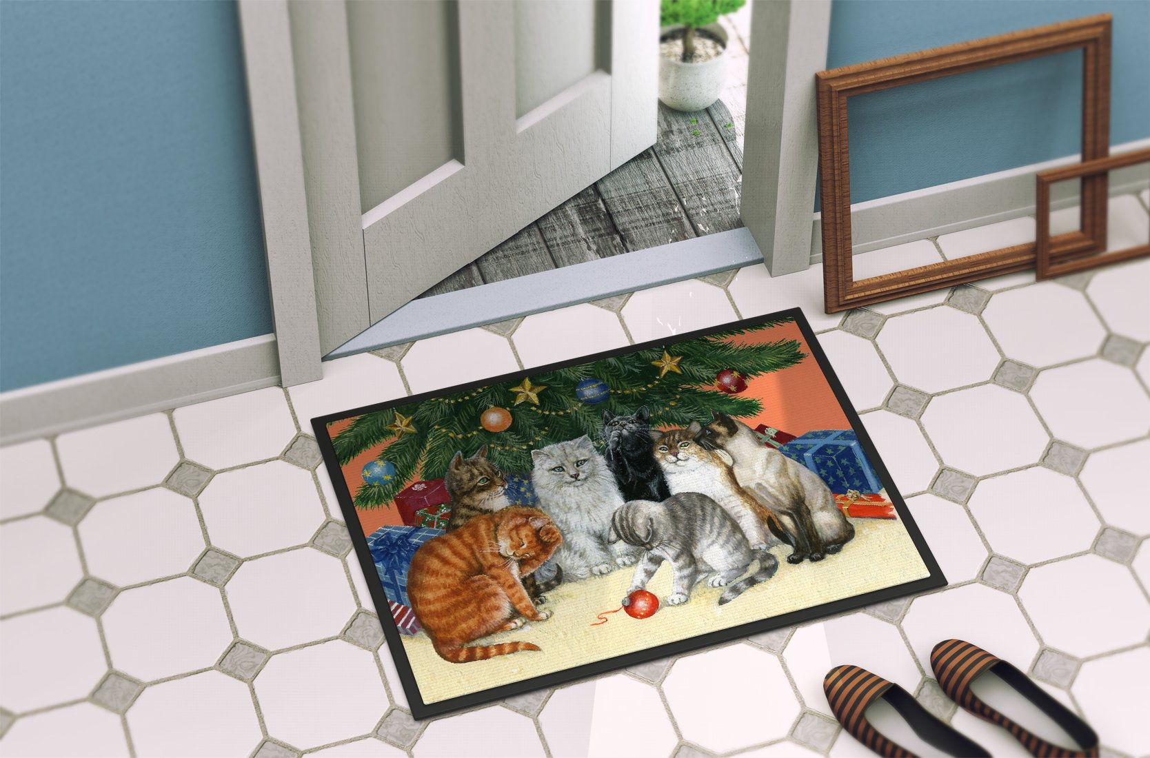 Cats under the Christmas Tree Doormat Indoor Outdoor 24H X 36W Front Door Mat Rugs for Entryway, Non Slip Washable Low Pile,