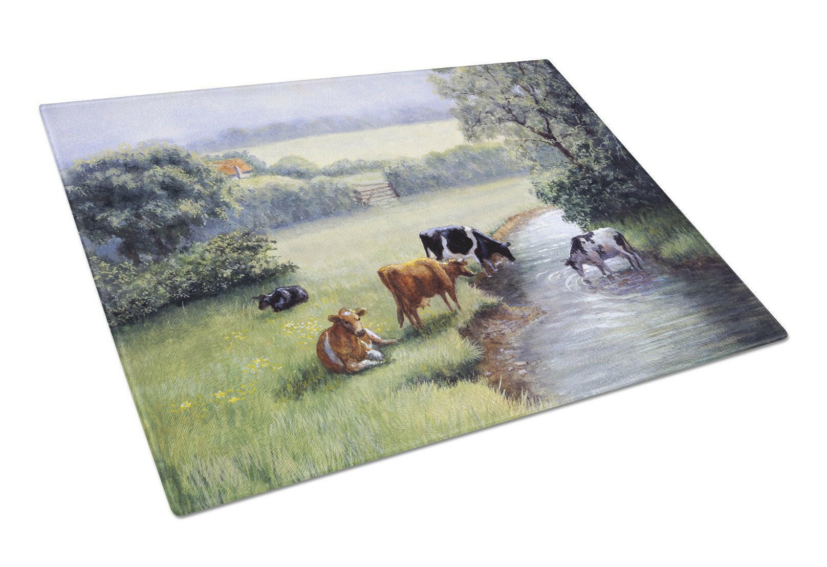 Cows Drinking at the Creek Bank Cutting Board Tempered Glass Kitchen Cutting Surface, Heat Resistant Chopping, Non-Slip Feet, Food Prep & Serving