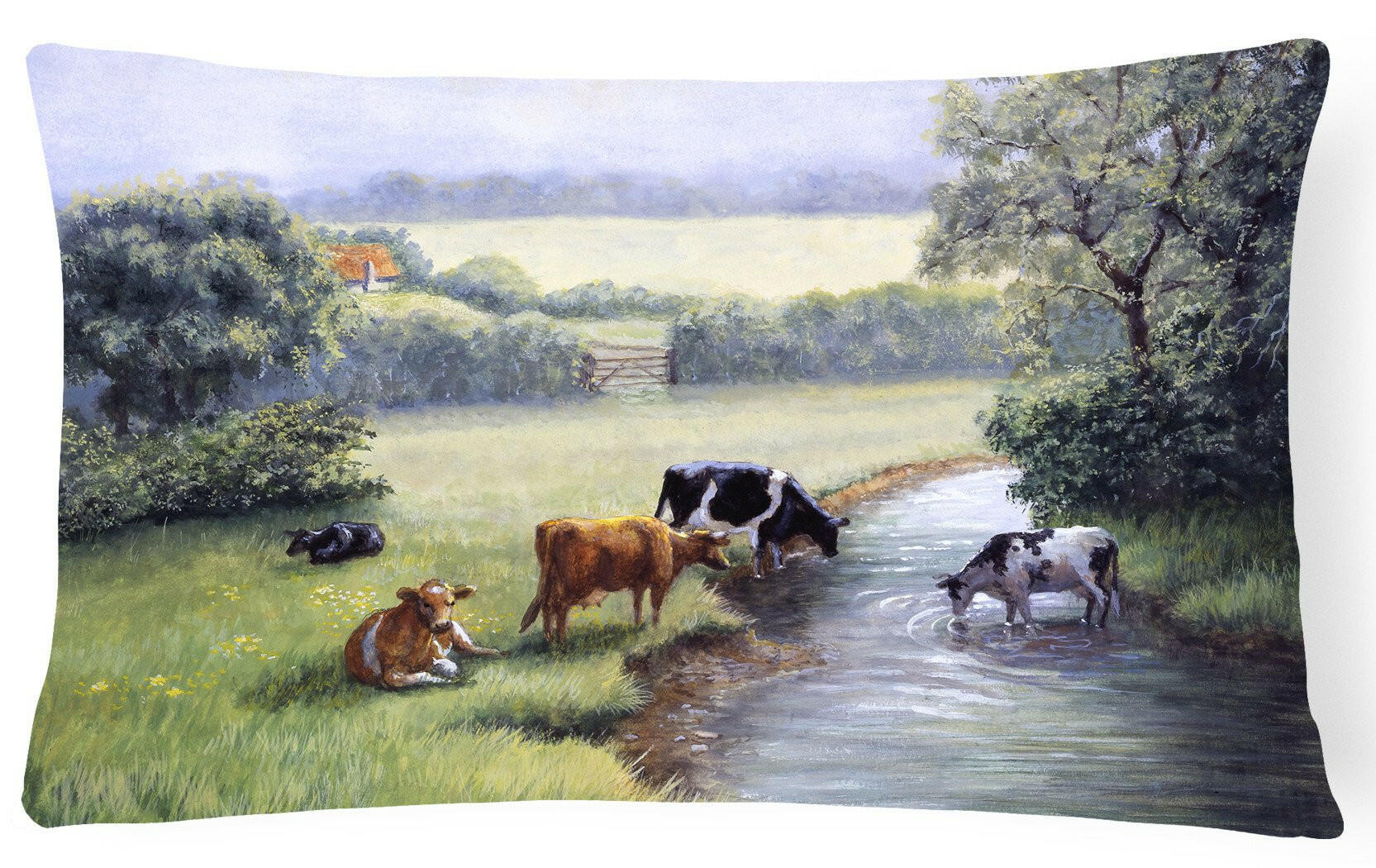 Cows Drinking at the Creek Bank Decorative Throw Pillow 12x16 Indoor Outdoor Accent Cushion, Fabric Cover with Insert for Sofa, Bed, Porch & Living Room