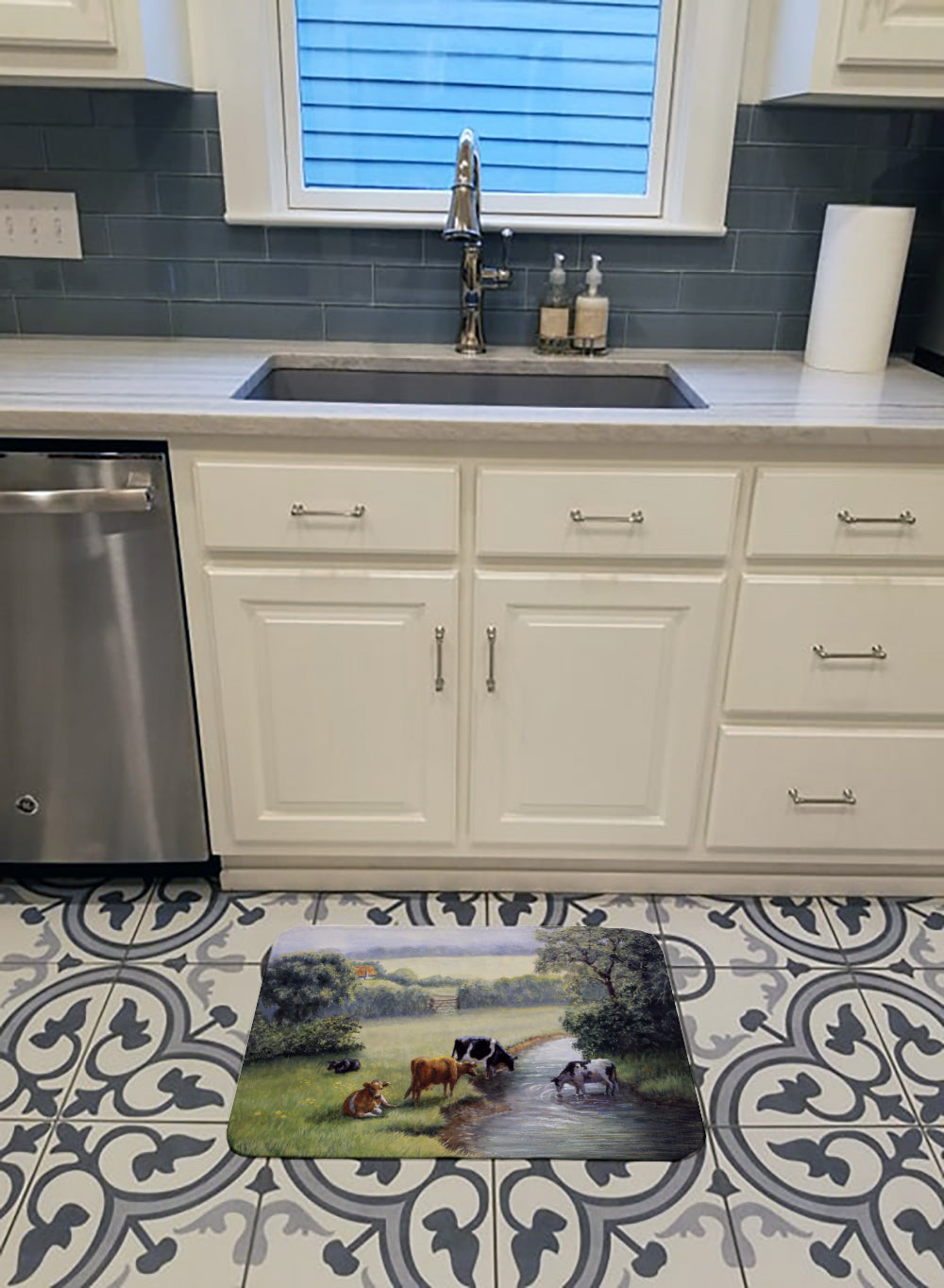 Cows Drinking at the Creek Bank Memory Foam Kitchen Mat Machine Washable Anti-Fatigue Cushion Comfort Bath or Kitchen Rug