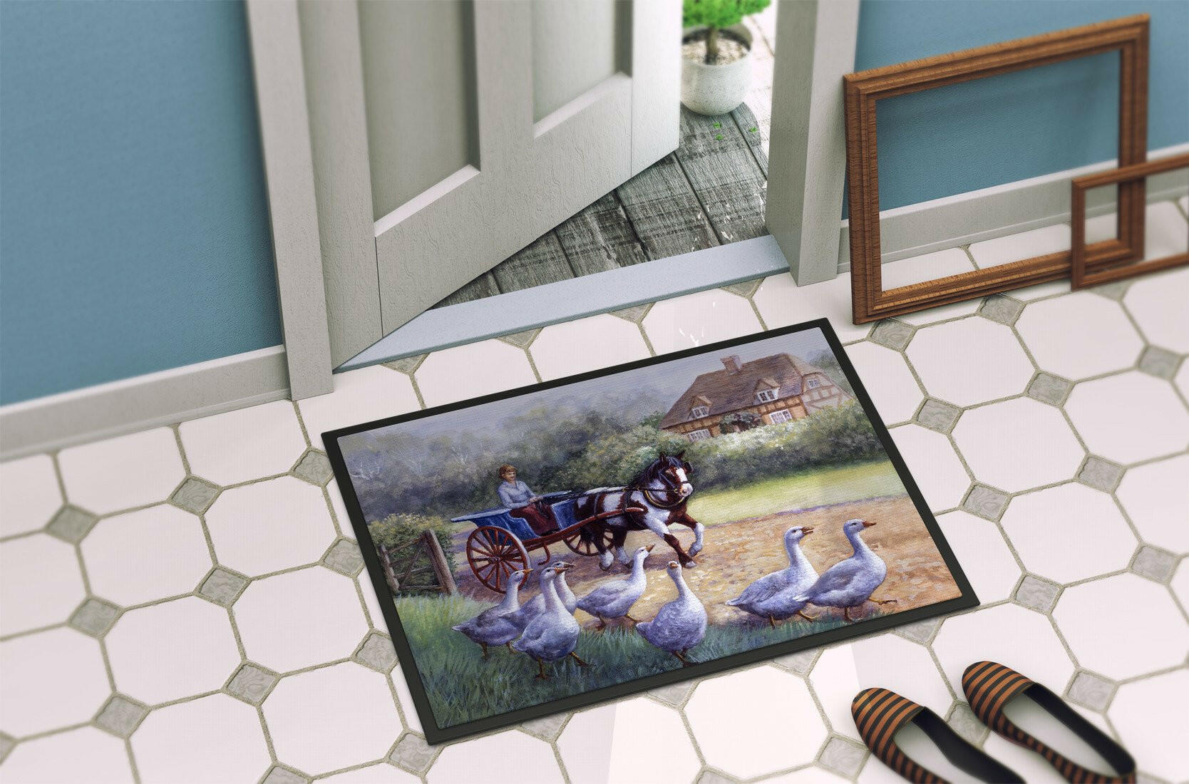 Geese Crossing before the Horse Doormat Indoor Outdoor 24H X 36W Front Door Mat Rugs for Entryway, Non Slip Washable Low Pile,