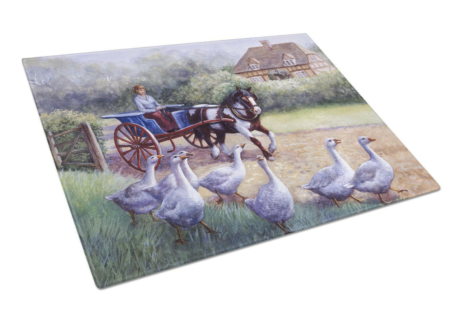 Geese Crossing before the Horse Cutting Board Tempered Glass Kitchen Cutting Surface, Heat Resistant Chopping, Non-Slip Feet, Food Prep & Serving