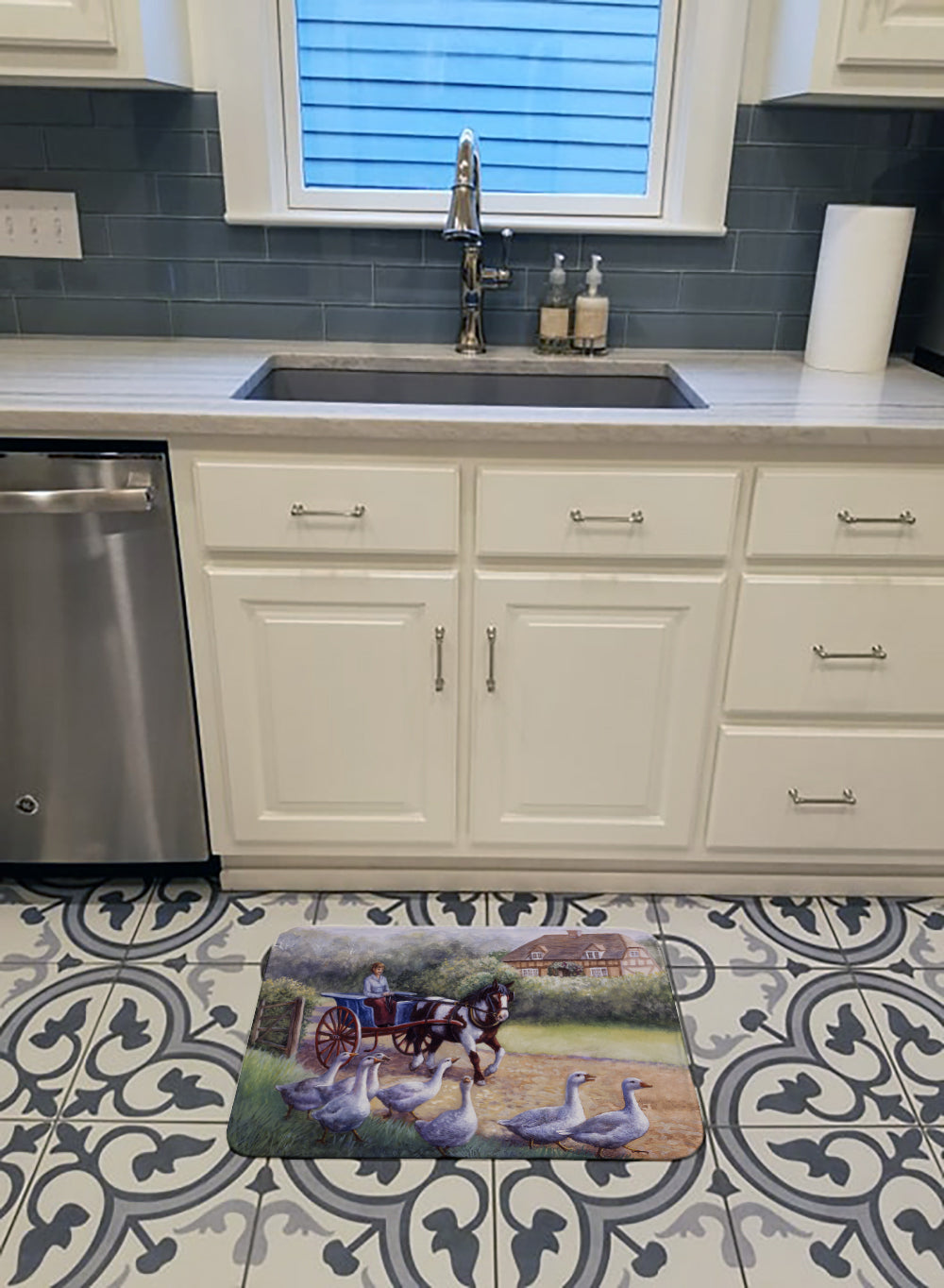 Geese Crossing before the Horse Memory Foam Kitchen Mat Machine Washable Anti-Fatigue Cushion Comfort Bath or Kitchen Rug