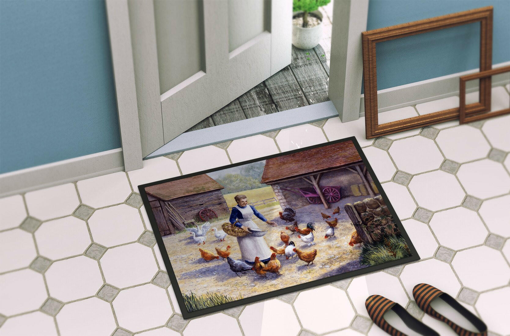 Chicken Hen Feeding Time Doormat Indoor Outdoor 24H X 36W Front Door Mat Rugs for Entryway, Non Slip Washable Low Pile,