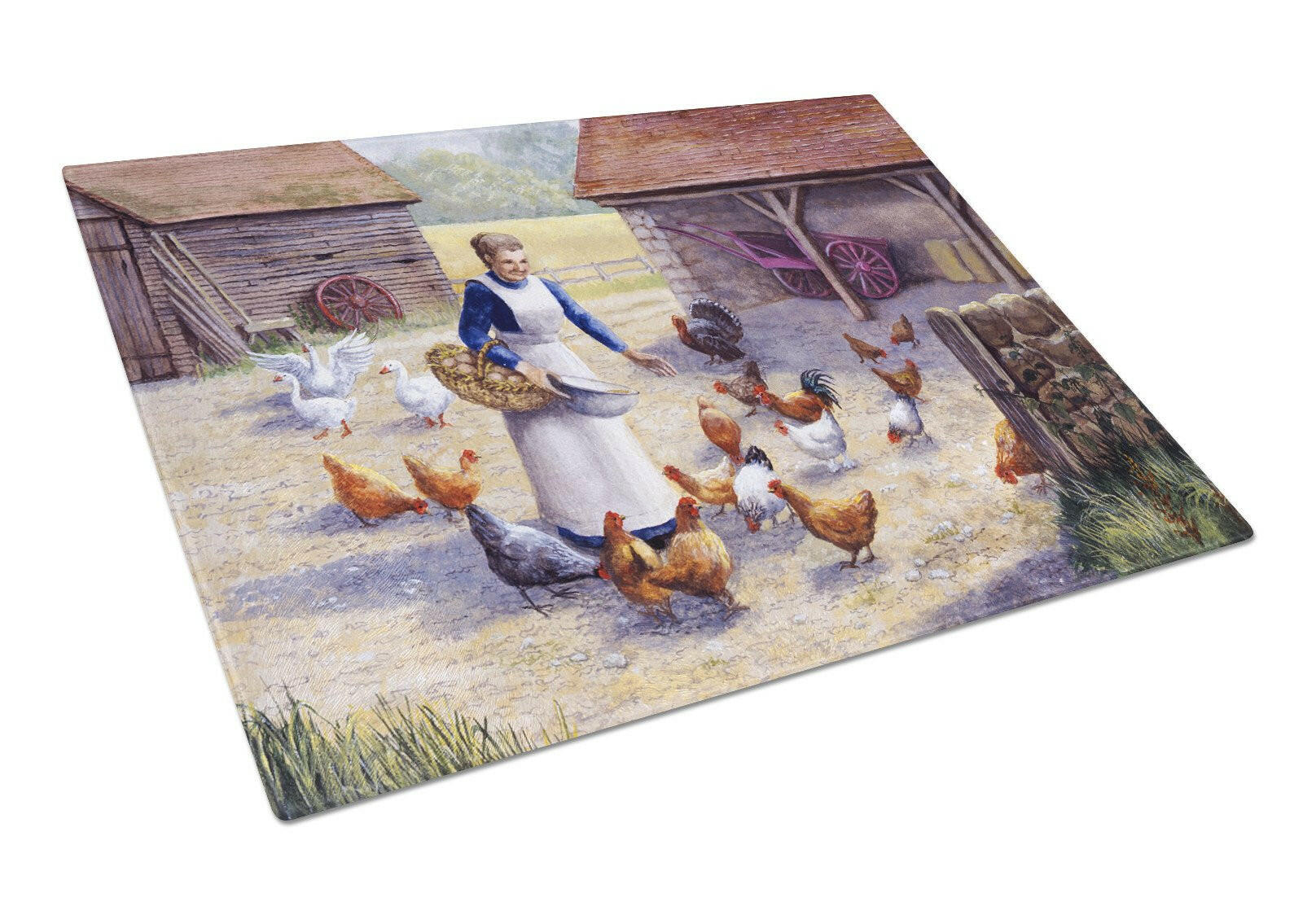Chicken Hen Feeding Time Cutting Board Tempered Glass Kitchen Cutting Surface, Heat Resistant Chopping, Non-Slip Feet, Food Prep & Serving