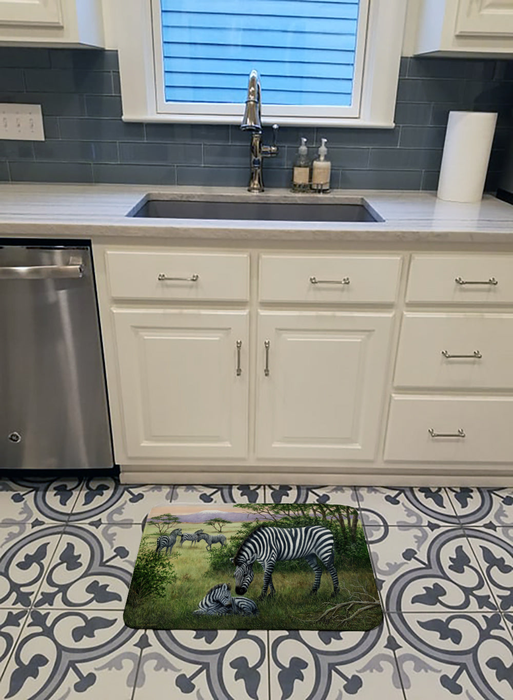 Zebras in the Field with Baby Memory Foam Kitchen Mat Machine Washable Anti-Fatigue Cushion Comfort Bath or Kitchen Rug