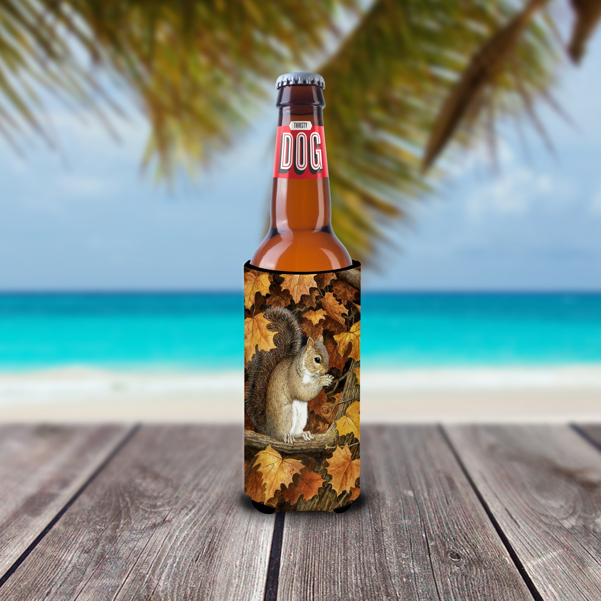 Autumn Grey Squirrel by Daphne Baxter Slim Can Hugger , Insulated Foam Hugger for 12 oz Slim Cans, Beer Bottles & Water Bottles, Printed in USA
