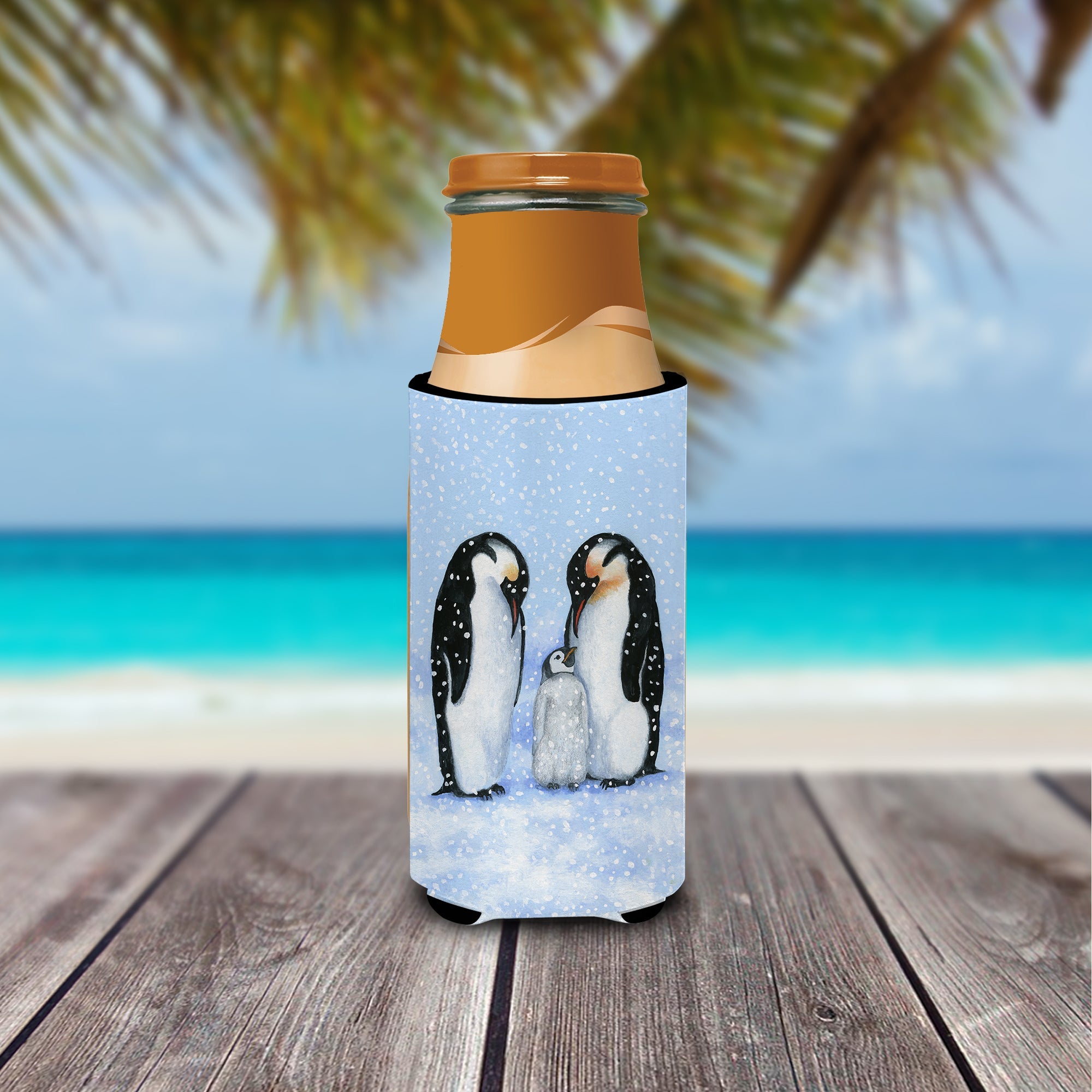 Penguin Family by Daphne Baxter Slim Can Hugger , Insulated Foam Hugger for 12 oz Slim Cans, Beer Bottles & Water Bottles, Printed in USA