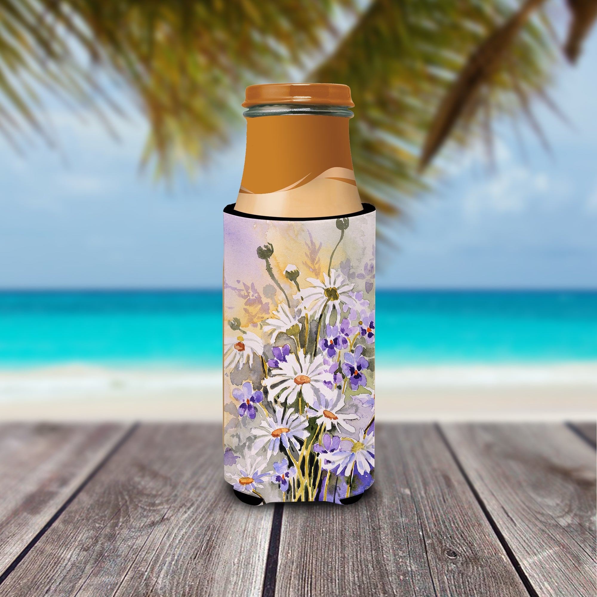 Daisies by Maureen Bonfield Slim Can Hugger , Insulated Foam Hugger for 12 oz Slim Cans, Beer Bottles & Water Bottles, Printed in USA