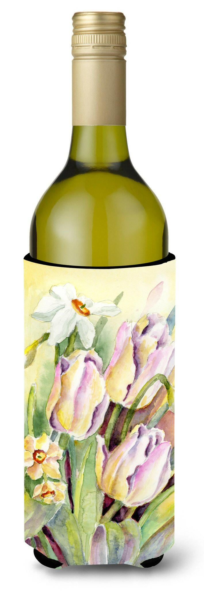 Tulips and Narcisuss Wine Bottle Hugger Gift Sleeve for Standard 750 ml Bottles, Insulated Reusable Also Fits Mini Shot & Pint Bottles