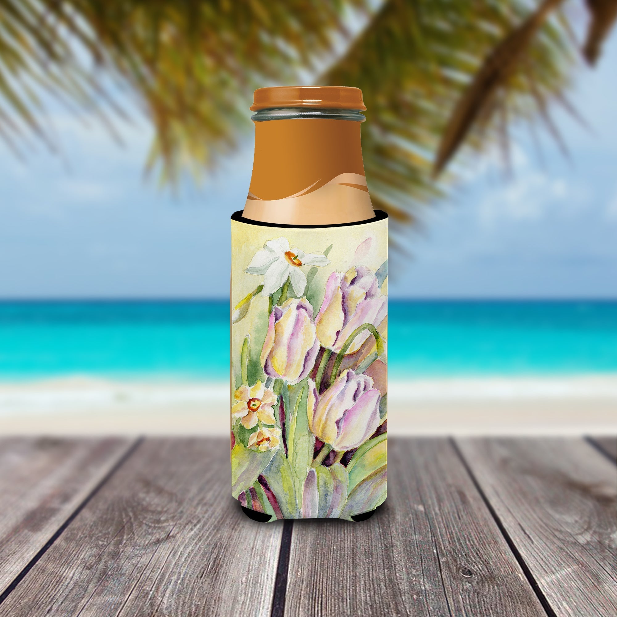 Tulips and Narcisuss Slim Can Hugger , Insulated Foam Hugger for 12 oz Slim Cans, Beer Bottles & Water Bottles, Printed in USA