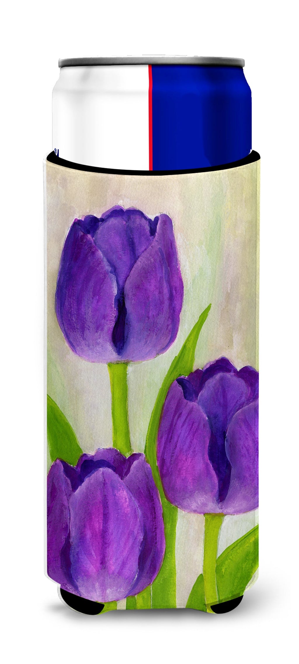 Purple Tulips by Maureen Bonfield Slim Can Hugger , Insulated Foam Hugger for 12 oz Slim Cans, Beer Bottles & Water Bottles, Printed in USA