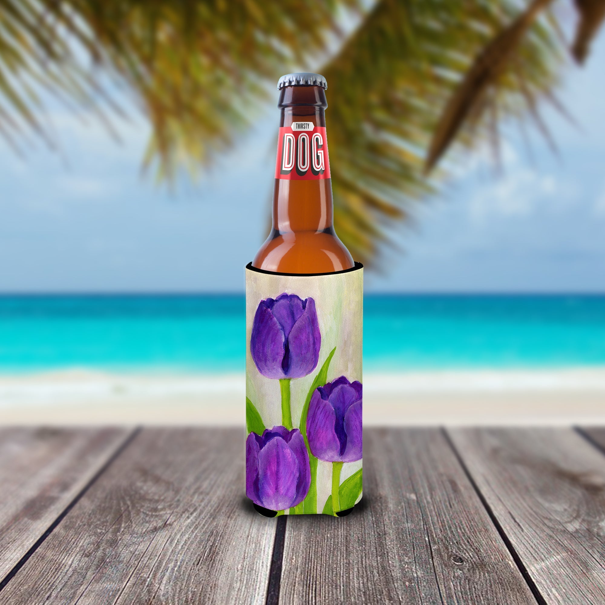 Purple Tulips by Maureen Bonfield Slim Can Hugger , Insulated Foam Hugger for 12 oz Slim Cans, Beer Bottles & Water Bottles, Printed in USA