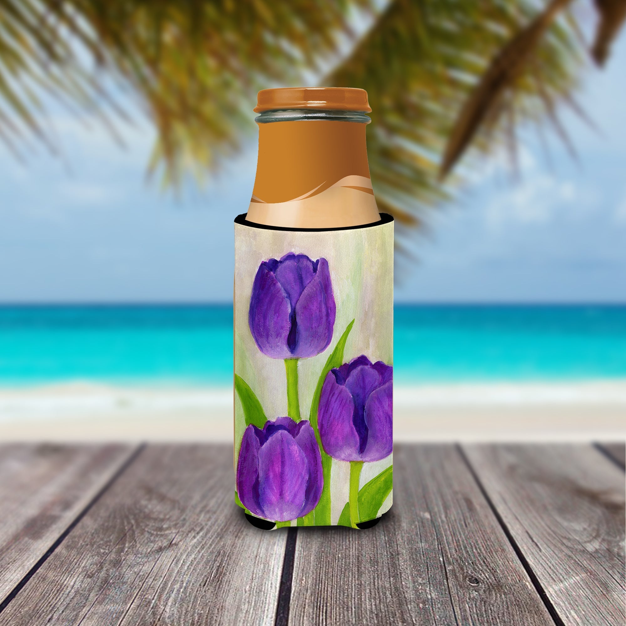 Purple Tulips by Maureen Bonfield Slim Can Hugger , Insulated Foam Hugger for 12 oz Slim Cans, Beer Bottles & Water Bottles, Printed in USA
