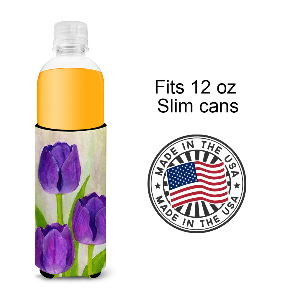 Purple Tulips by Maureen Bonfield Slim Can Hugger , Insulated Foam Hugger for 12 oz Slim Cans, Beer Bottles & Water Bottles, Printed in USA