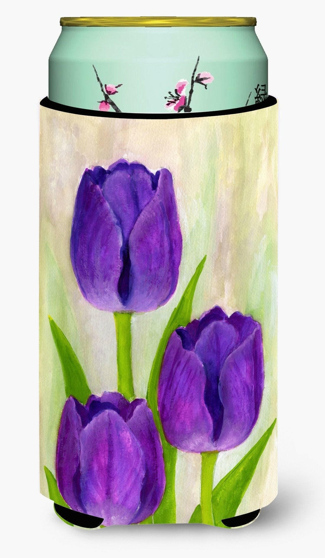 Purple Tulips by Maureen Bonfield Tall Boy Hugger Can Cooler Sleeve Machine Washable Drink Collapsible Insulator Beverage Insulated Holder
